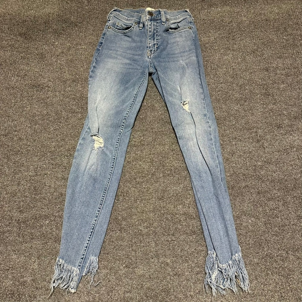 Free People We The Free High Rise Busted Skinny Jeans Blue Denim Fringe Hem 26